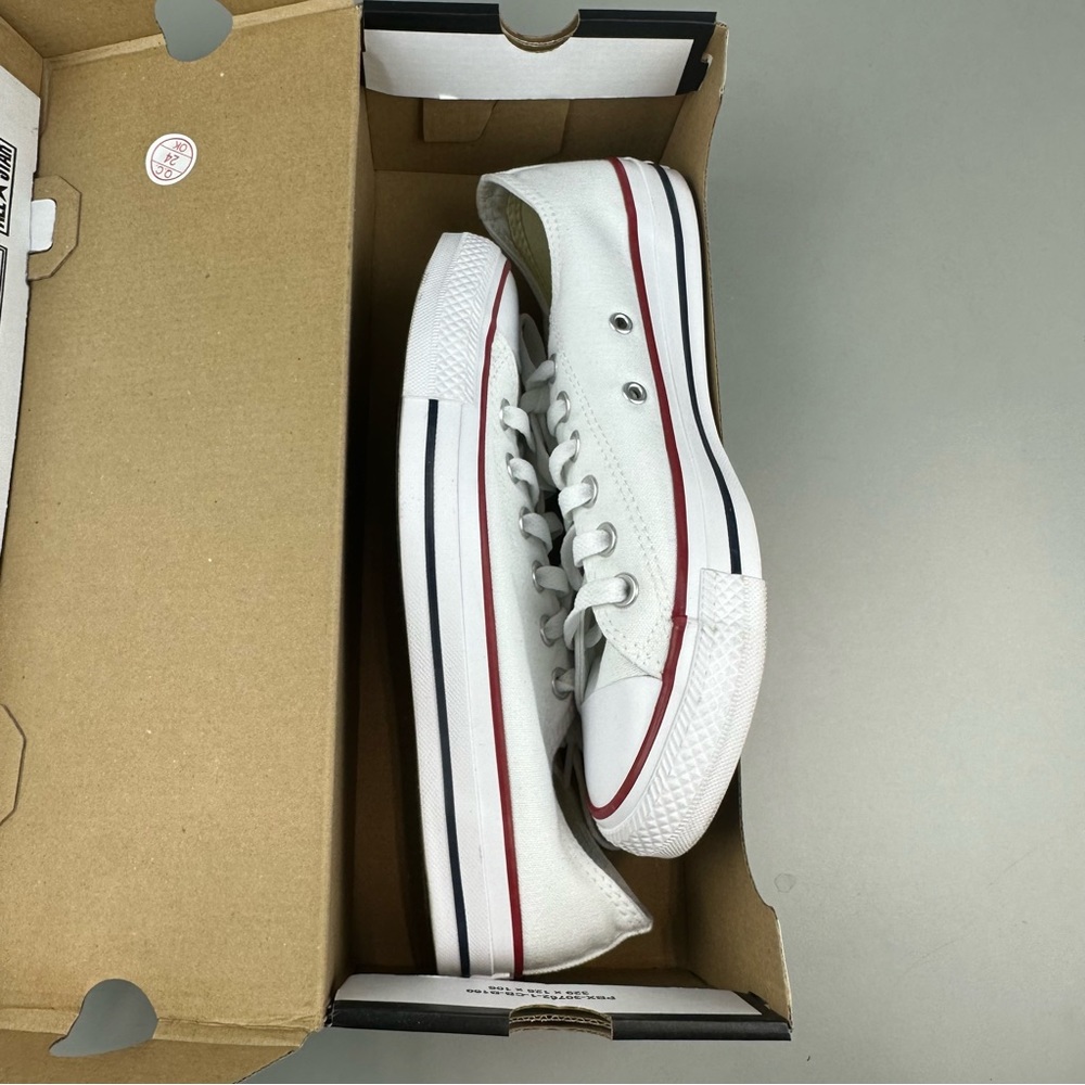 Converse White Low Top Canvas Sneakers with Red and Black Stripes - Picture 12 of 12